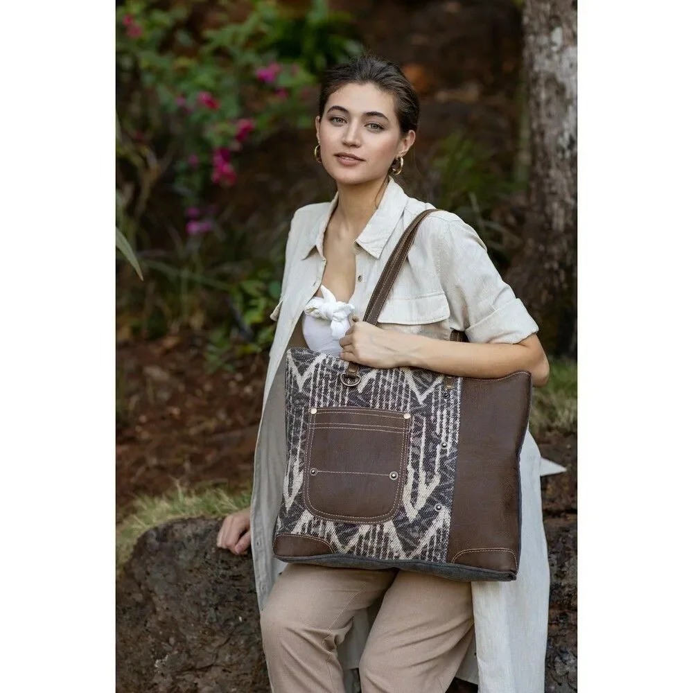 Myra Bag  Upcycled Canvas & Cowhide Leather Brown Canvas Tote Bag